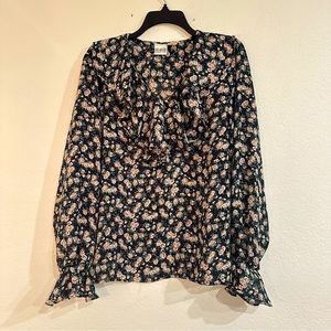 Vintage Floral Print Blouse with Ruffle Cascade Collar, Ruffle Sleeves, Large